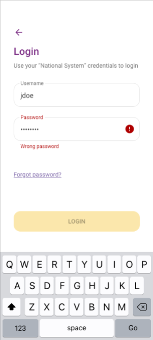 Login error screen showing incorrect password message