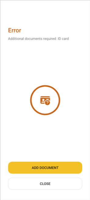 Error message showing missing ID card document with add document option