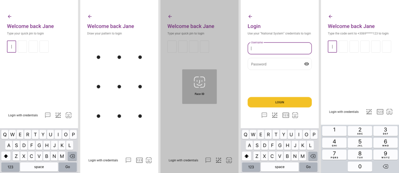 Multiple authentication method screens showing PIN, pattern, biometrics, password and OTP options