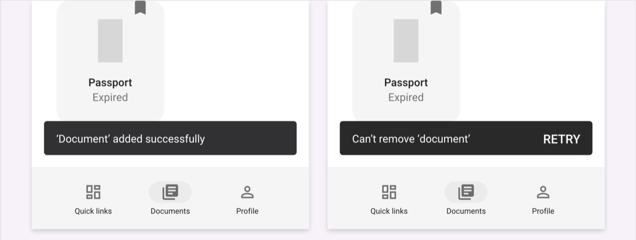 Document Management example showing success and failure states