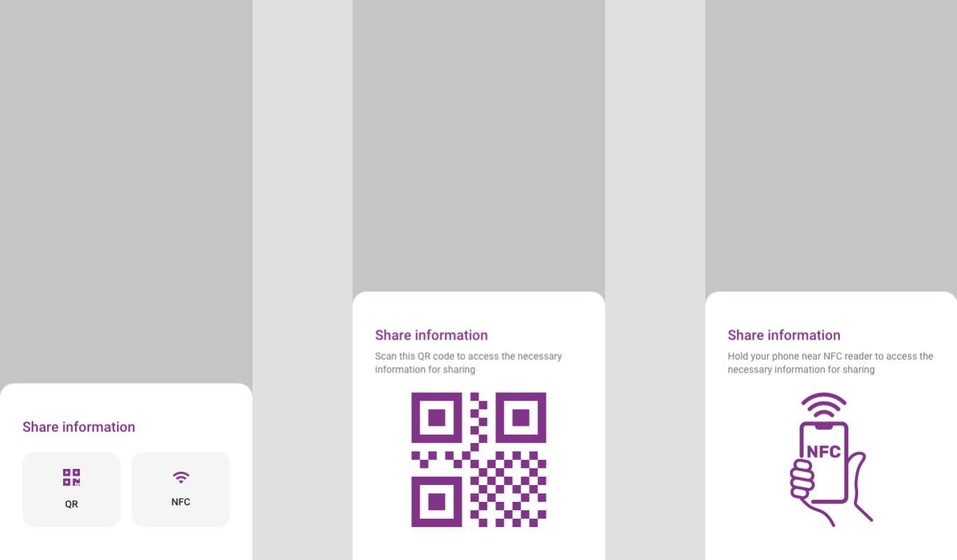 Share information screen showing QR and NFC sharing options