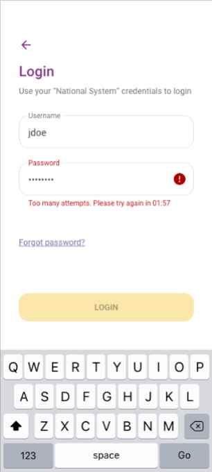 Login screen showing too many attempts error with timer